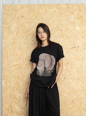 NOD NOT NO圆领宽松炸毛小猫印花T恤全棉材质休闲简约百搭打底T恤