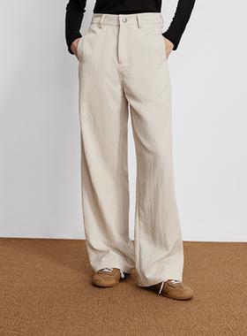 中高腰直筒阔腿休闲长裤微皱肌理面料显瘦显薄百搭通勤休闲裤