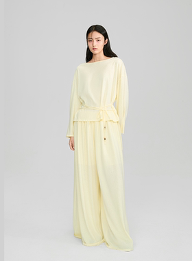 NOD NOT NO天丝棉一字横开领系带长袖罩衫量感百褶阔腿裤套装