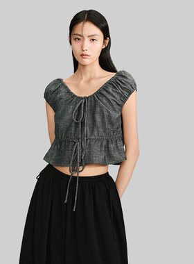 NOD NOT NO亚麻混纺抽绳褶皱短上衣花苞收腰设计感短款TOP