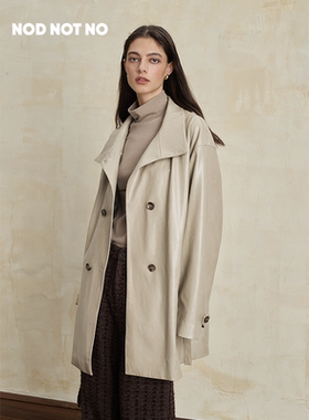 NOD NOT NO25秋季新品岩石灰米色中长翻领系带廓形极简环保pu皮衣