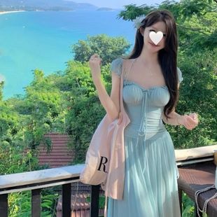 海島方領(lǐng)氣質(zhì)裙子 網(wǎng)紗海邊度假連衣裙女夏季