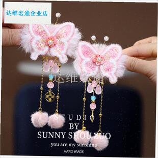 国风可爱毛球发夹女儿p童新年粉色蝴蝶结头饰对夹发卡小女孩发饰.