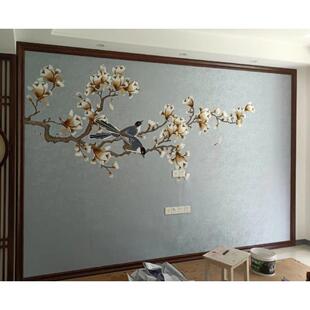 独绣墙布新古典独花刺绣背景客厅卧室饭厅独秀玉兰花鸟言绣壁布新