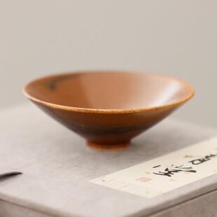 耀州窑许磊手作新派薄胎粗陶酱色釉窑变青瓷中式覆古迷你斗笠茶杯