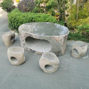 一套花园院石桌石凳庭院子青石大理石石头桌子户外天然石墩石凳子