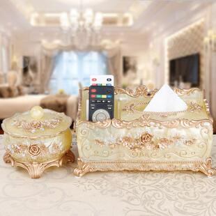 创意欧式高档纸巾盒带收纳 纸抽盒家居树脂家用客厅多功能抽纸盒