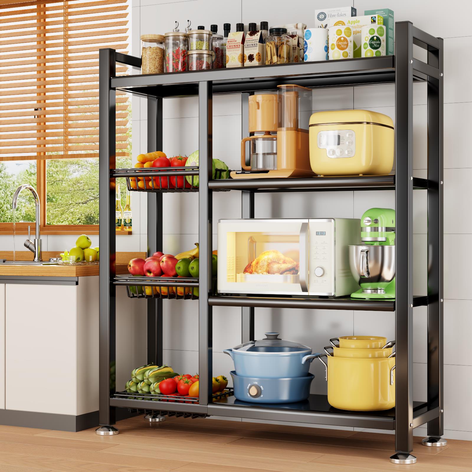 厨房菜篮置物架多层落地微波炉蔬菜水果收纳层架家用烤箱锅具置物