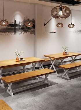 简约酒吧烧餐烤店铁艺实长方形桌网A1553木红原木风店小吃面馆桌