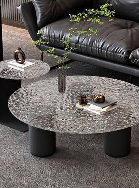 民宿代简约客厅家用轻6CmN3SPy奢圆形玻璃现岩意式边小板户型茶几