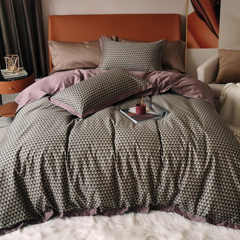 极速轻奢60支贡缎长绒棉全棉四件套简约印花P纯棉被套床单双人床