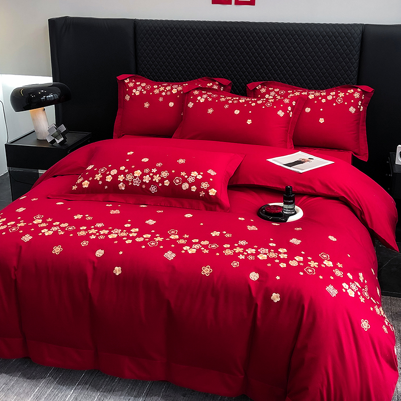 极速轻奢红色14l0支全棉婚庆四件套结婚喜字被套床单纯棉新婚床上