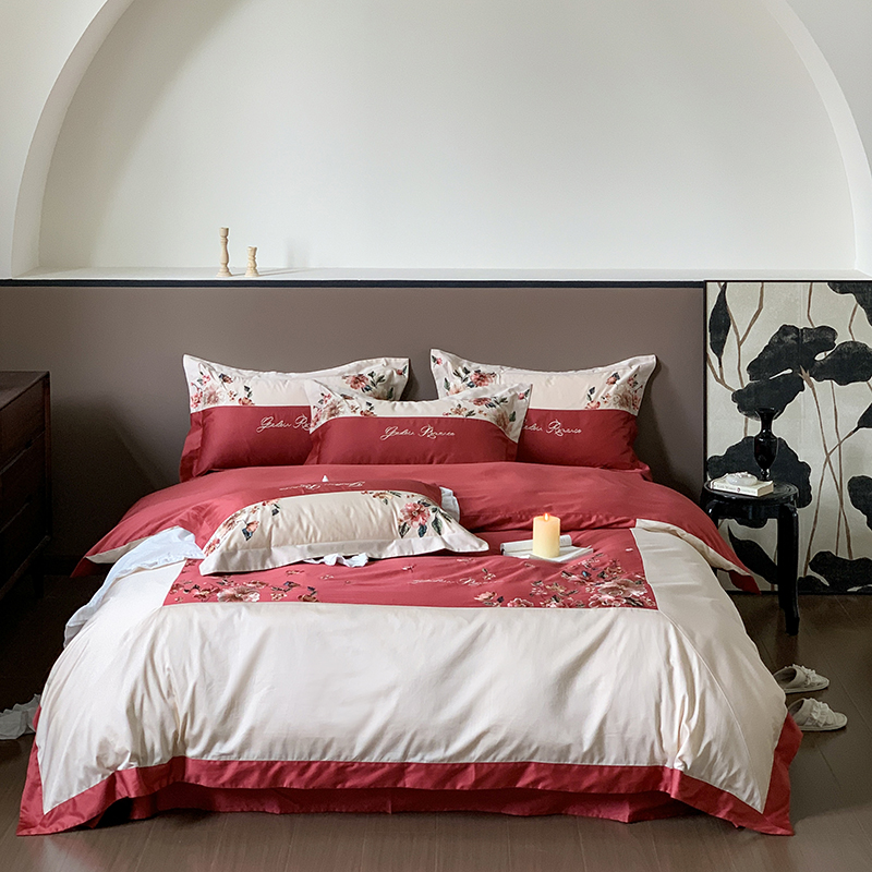 极速红色婚庆100支o长绒棉四件套田园花卉刺绣被套全棉结婚床上用