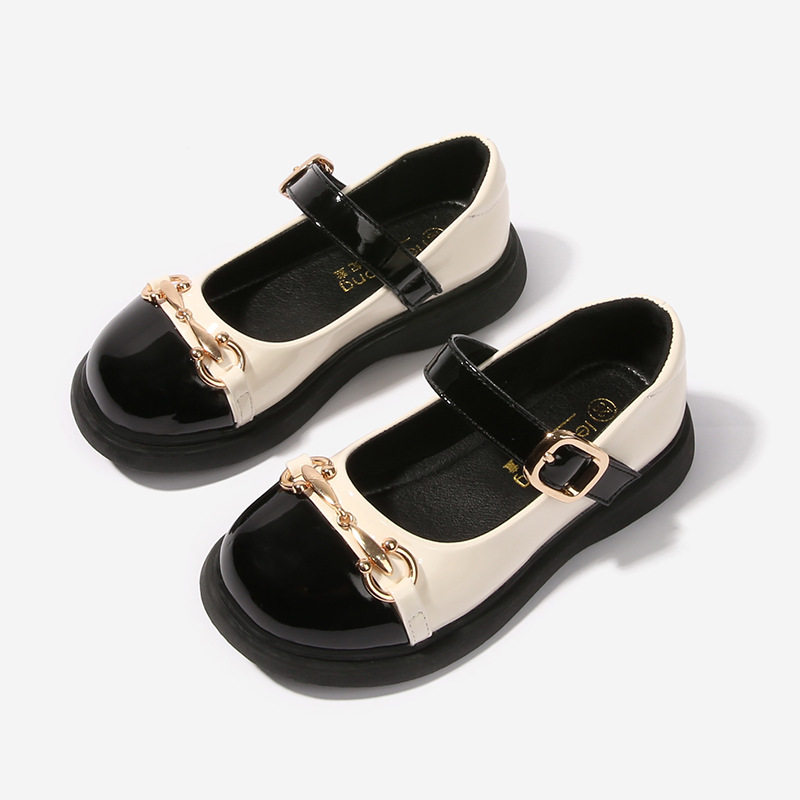 新品女童皮鞋小女孩平底r乐福鞋时尚拼接色单鞋软底童鞋学生英伦