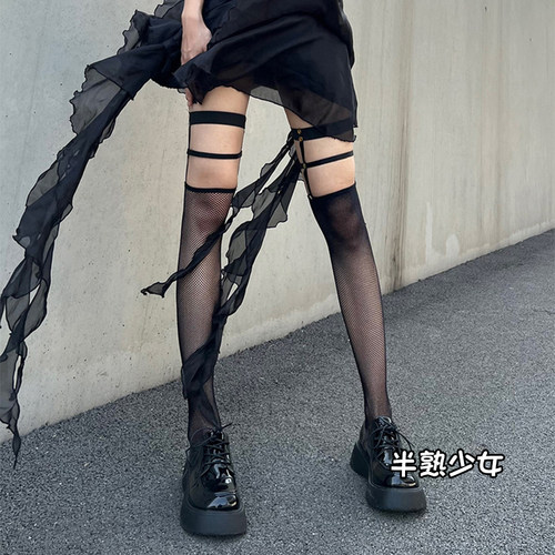 极速黑丝渔网袜子女性感吊带薄款丝袜网红铆钉过膝镂空W长筒jk日