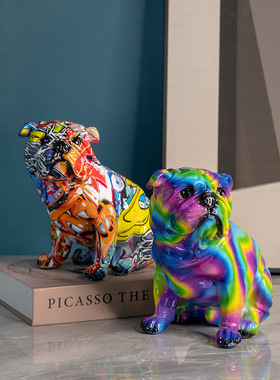 极速创意炫彩树i脂工艺斗牛犬摆件家居客厅办公室电视柜桌面装饰