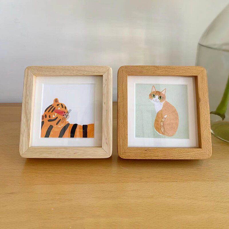 迷你可爱老虎动物装饰画摆台小猫咪个性礼物摆件高档实木圆角相框