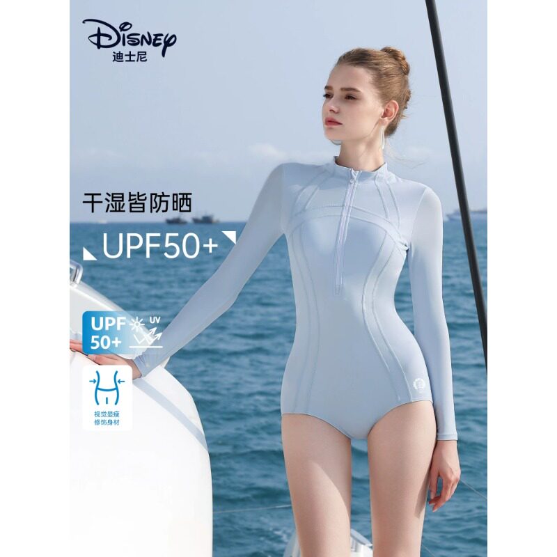 迪士尼连体运动泳衣新款女士长袖海边防晒潜水服浮潜游泳衣冲浪服
