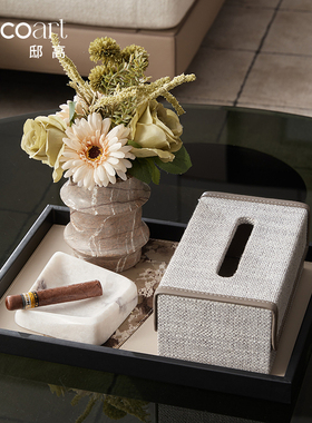 邸高售楼部处高档公寓客厅茶几马毛托盘大理石花瓶纸巾盒空间设计