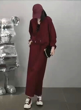 红色休闲时尚套装裙女春秋宽松减龄显瘦连帽连帽卫衣半身裙两件套