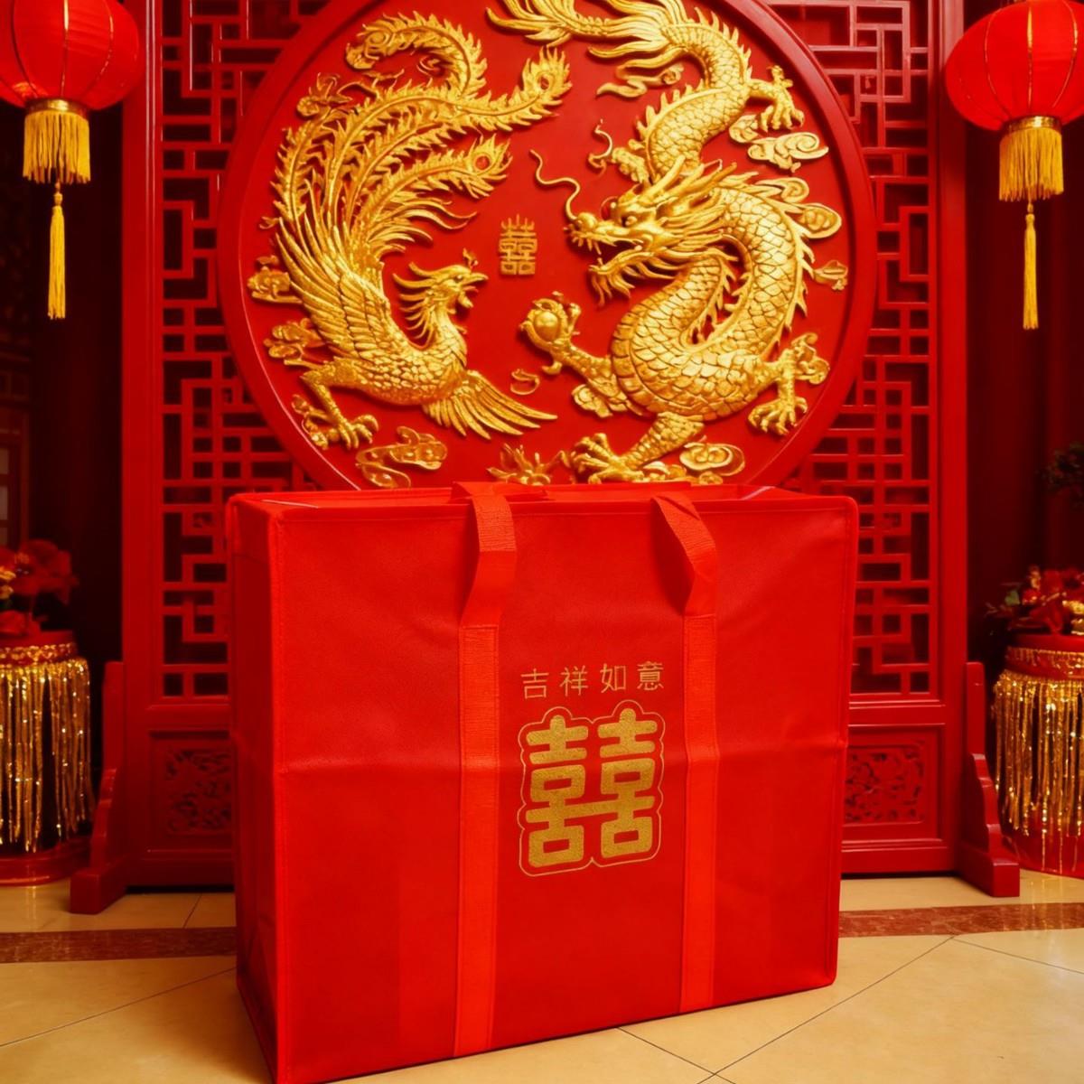 红色无纺布袋中式婚礼彩礼包装袋整理袋双喜袋结婚袋子大容量
