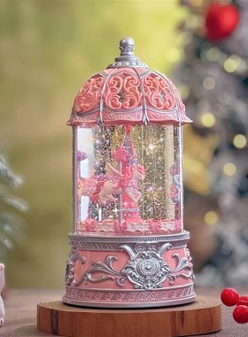高级感粉色旋转木马八音盒女生水晶球生日礼物音乐盒女孩圣诞礼物