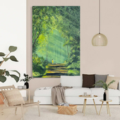 晨曦手绘油画玄关抽象绿色系森树林风景装 饰画客厅丁达尔效应挂画