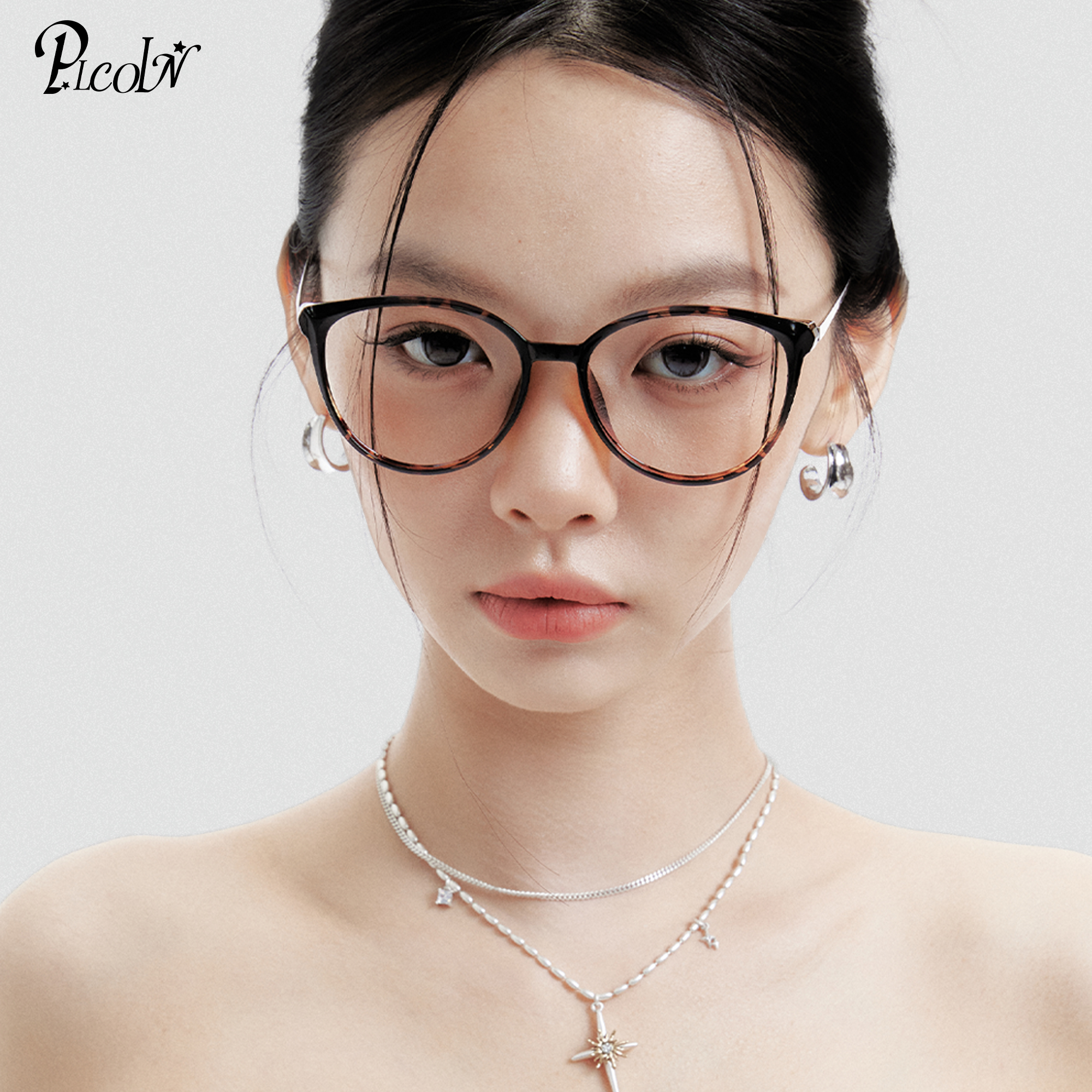 PLCOIN玳瑁圆框美式猫眼眼镜女防蓝光近视镜架超轻大脸万新镜片