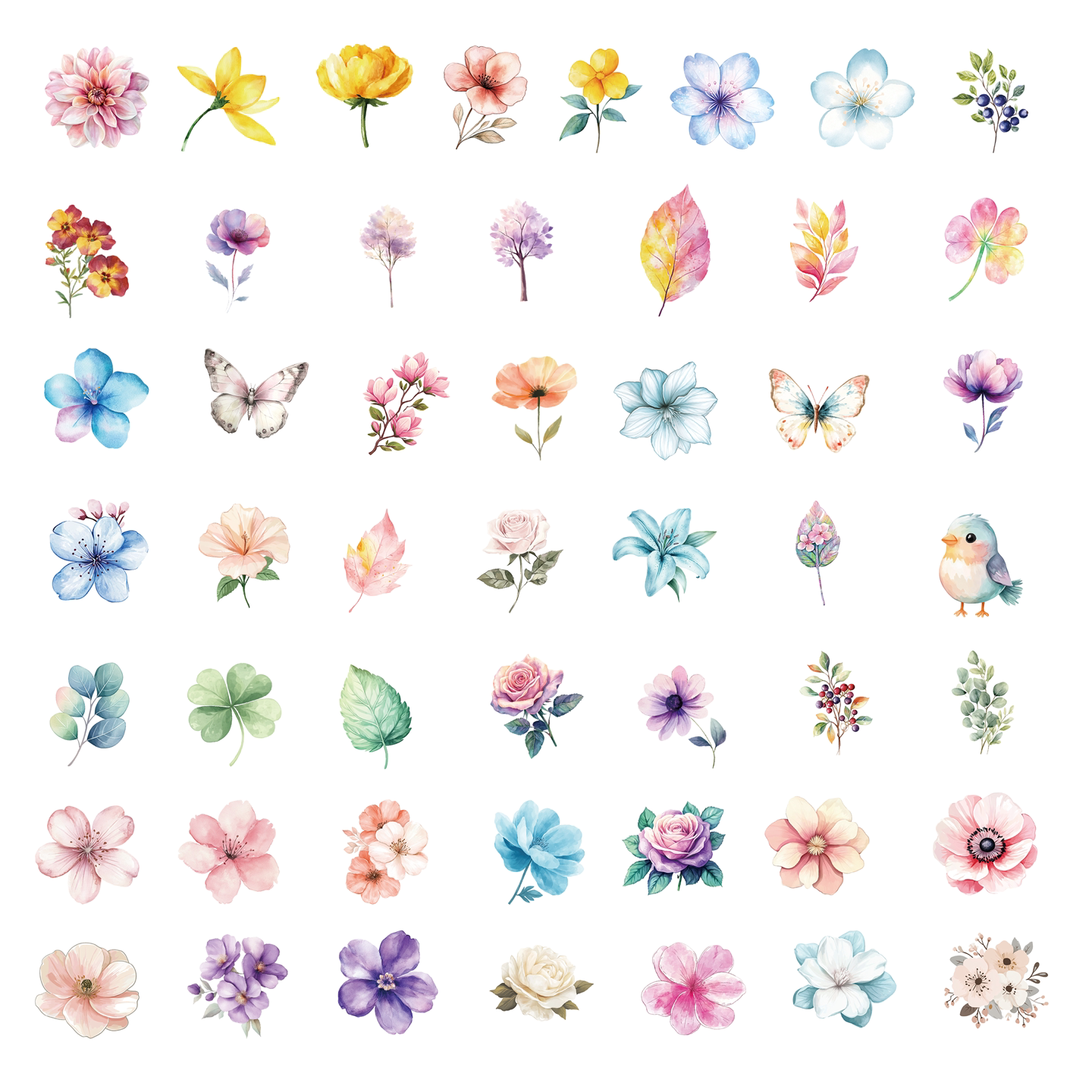 100张可爱卡通小清新水彩花卉贴纸创意ins风花卉植物简约精致DIY涂鸦行李箱个性笔记本电脑水杯城市旅游装饰