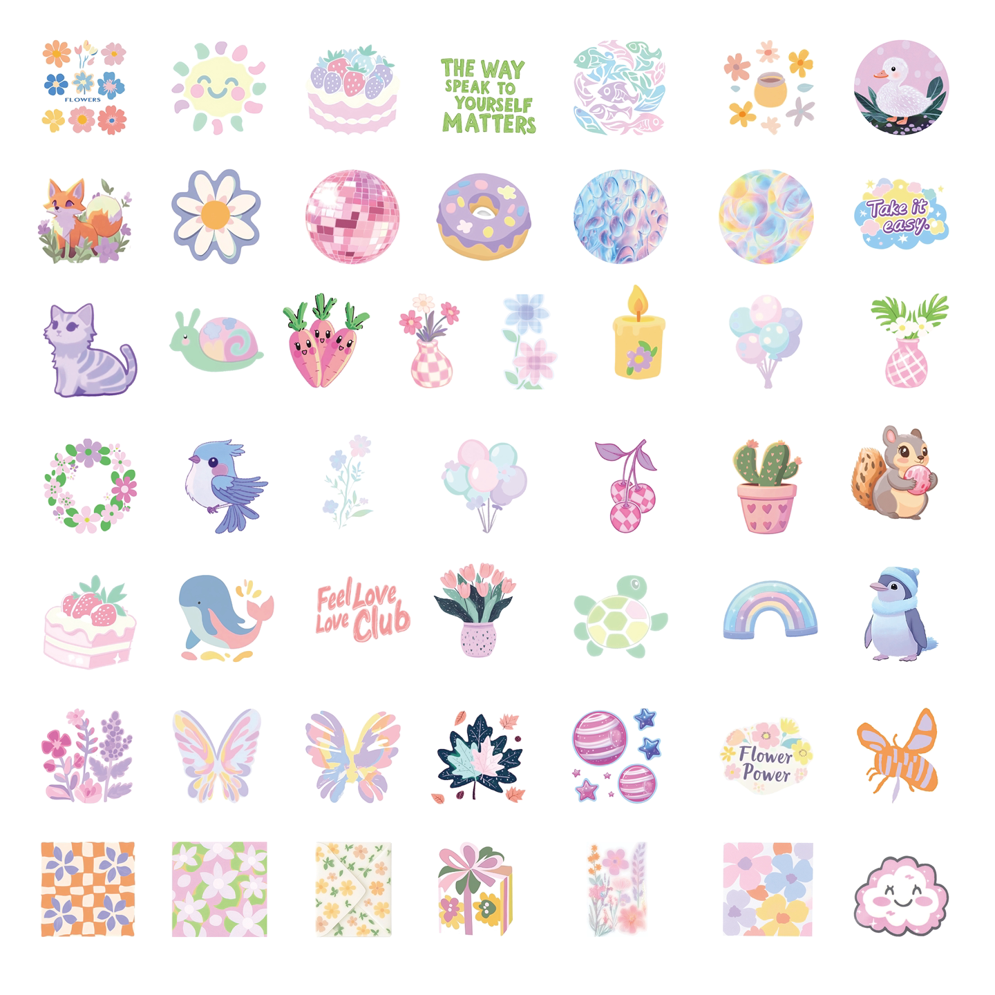 50张多款可爱小清新粉彩花卉动物涂鸦少女心贴纸行李箱电脑水杯手机壳吉他音箱防水贴头盔桌面装饰DIY高品质