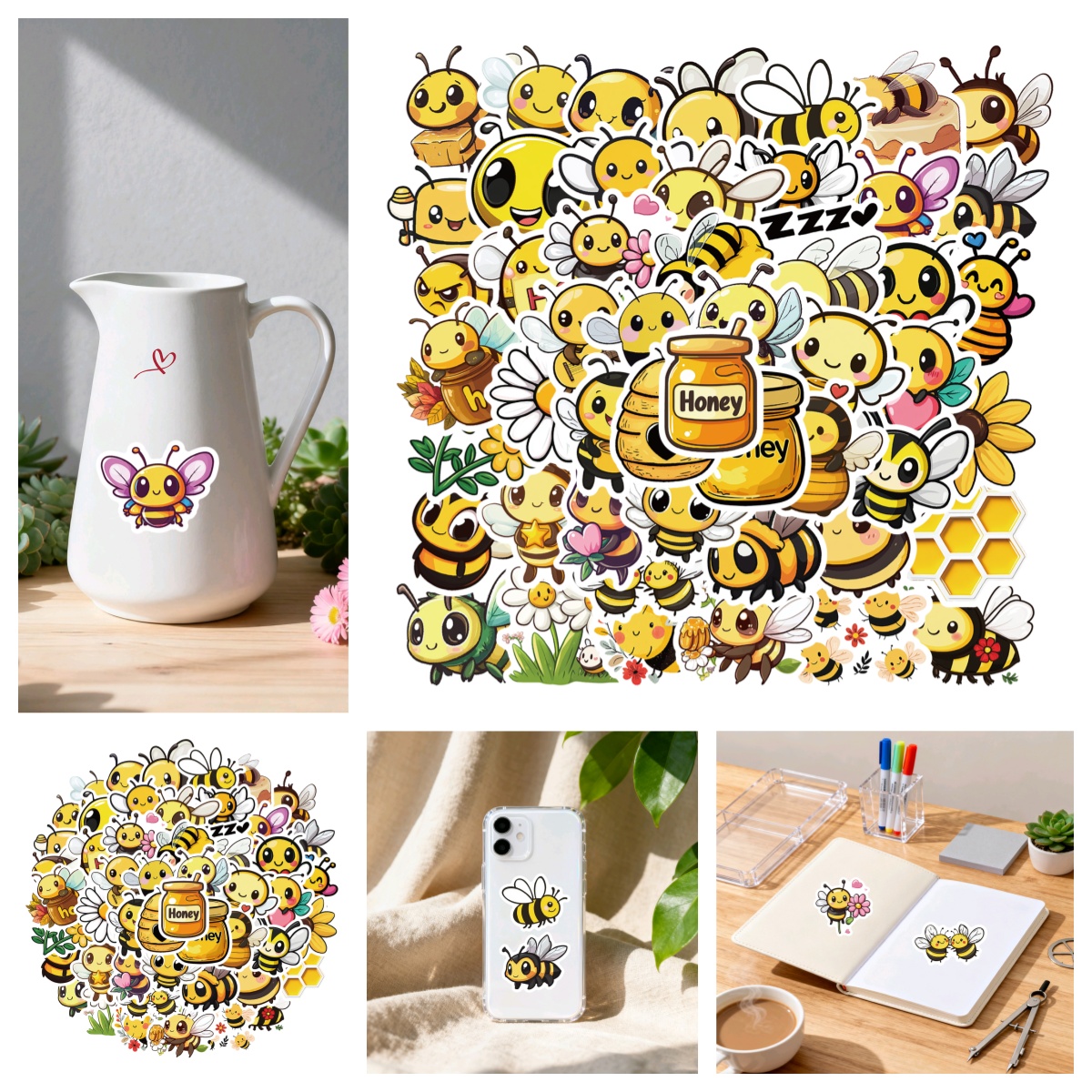 卡通蜜蜂涂鸦桌面墙面收纳贴纸