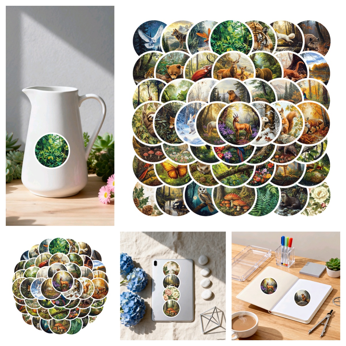 50张多款复古风玻璃球原始森林动物主题圆形贴纸可家居行李箱水杯笔记本防水不干胶个性 ins风环保无异味贴纸