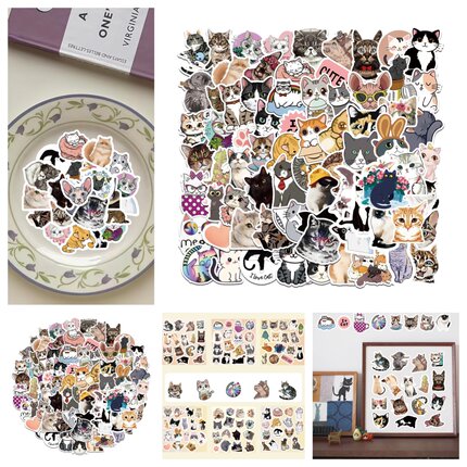 100贴卡通猫咪动物涂鸦可爱手帐贴纸ins风高颜值少女心萌宠笔记本电脑摩托车滑板车头盔相框画防水diy手机贴