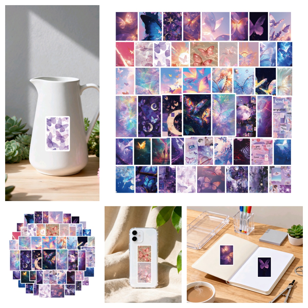 50张儿童复古ins风梦幻星空蝴蝶可移紫色爱情贴纸女孩装饰汽车电动车头盔行李箱手账PVC不干胶环保防水贴纸