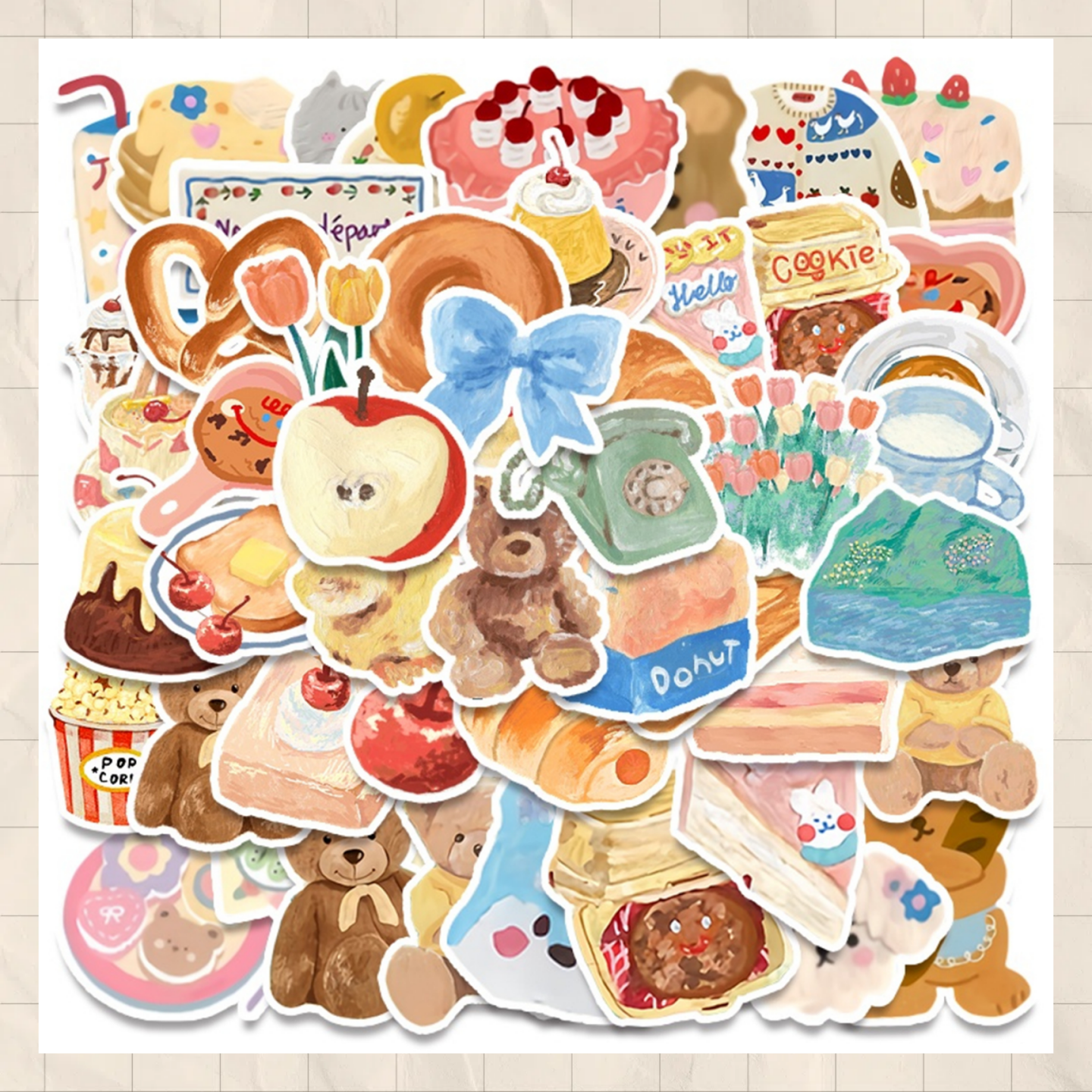 50张可爱少女心油画小熊美食贴纸