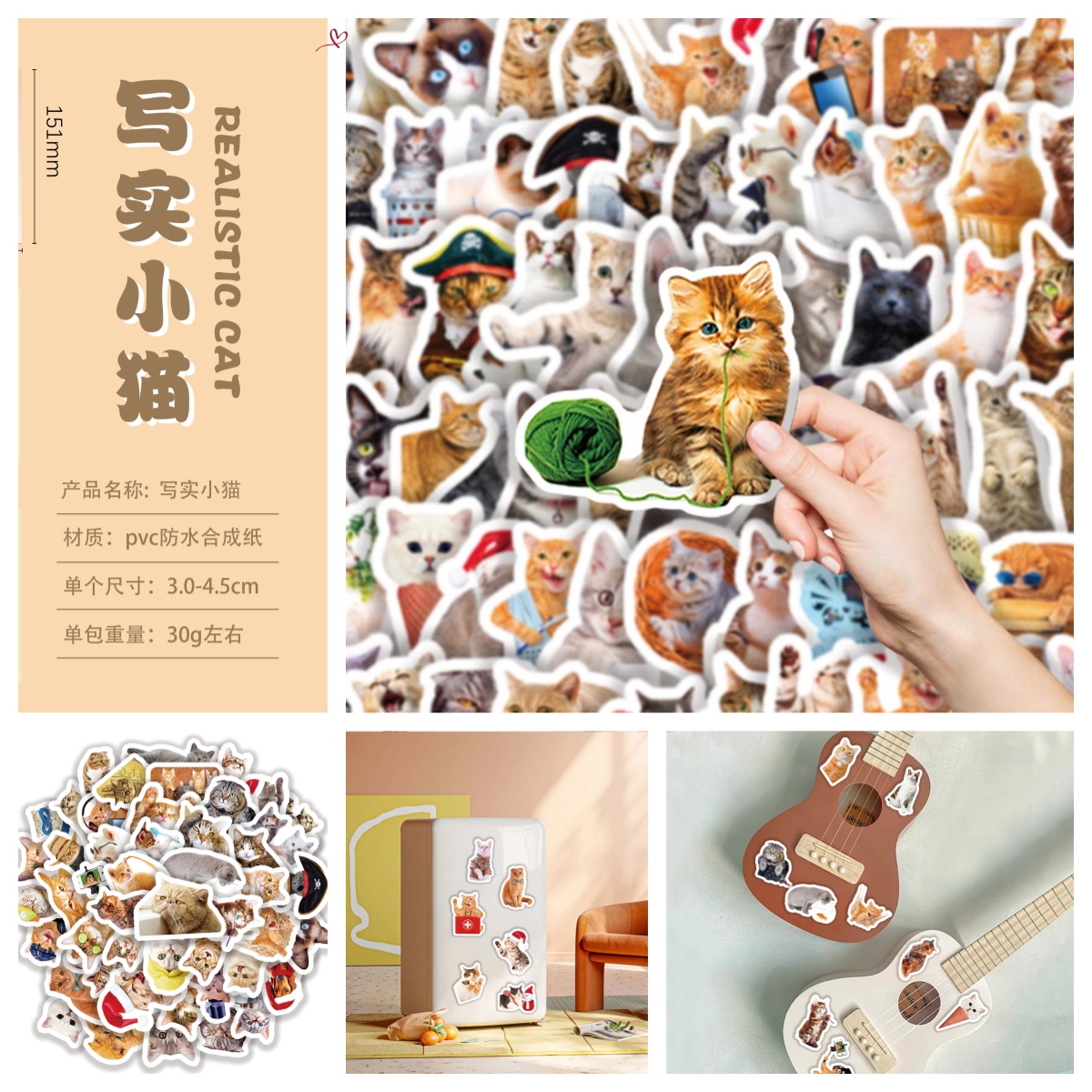 100张新款卡通写实小猫贴纸diy
