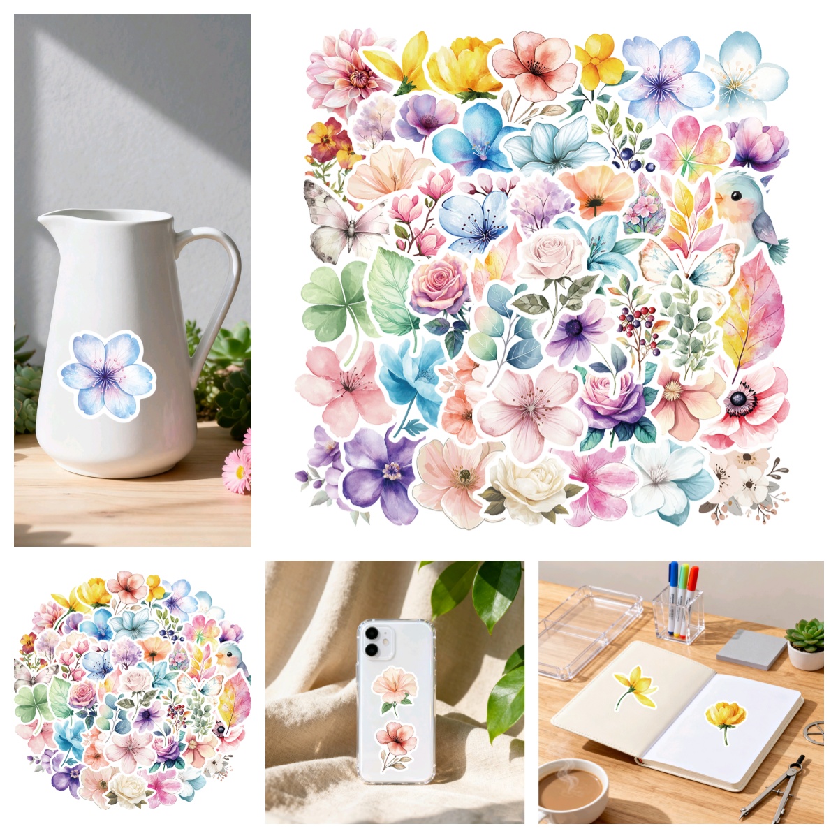 100张可爱卡通小清新水彩花卉贴纸创意ins风花卉植物简约精致DIY涂鸦行李箱个性笔记本电脑水杯城市旅游装饰