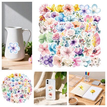 100张可爱卡通小清新水彩花卉贴纸创意ins风花卉植物简约精致DIY涂鸦行李箱个性笔记本电脑水杯城市旅游装饰