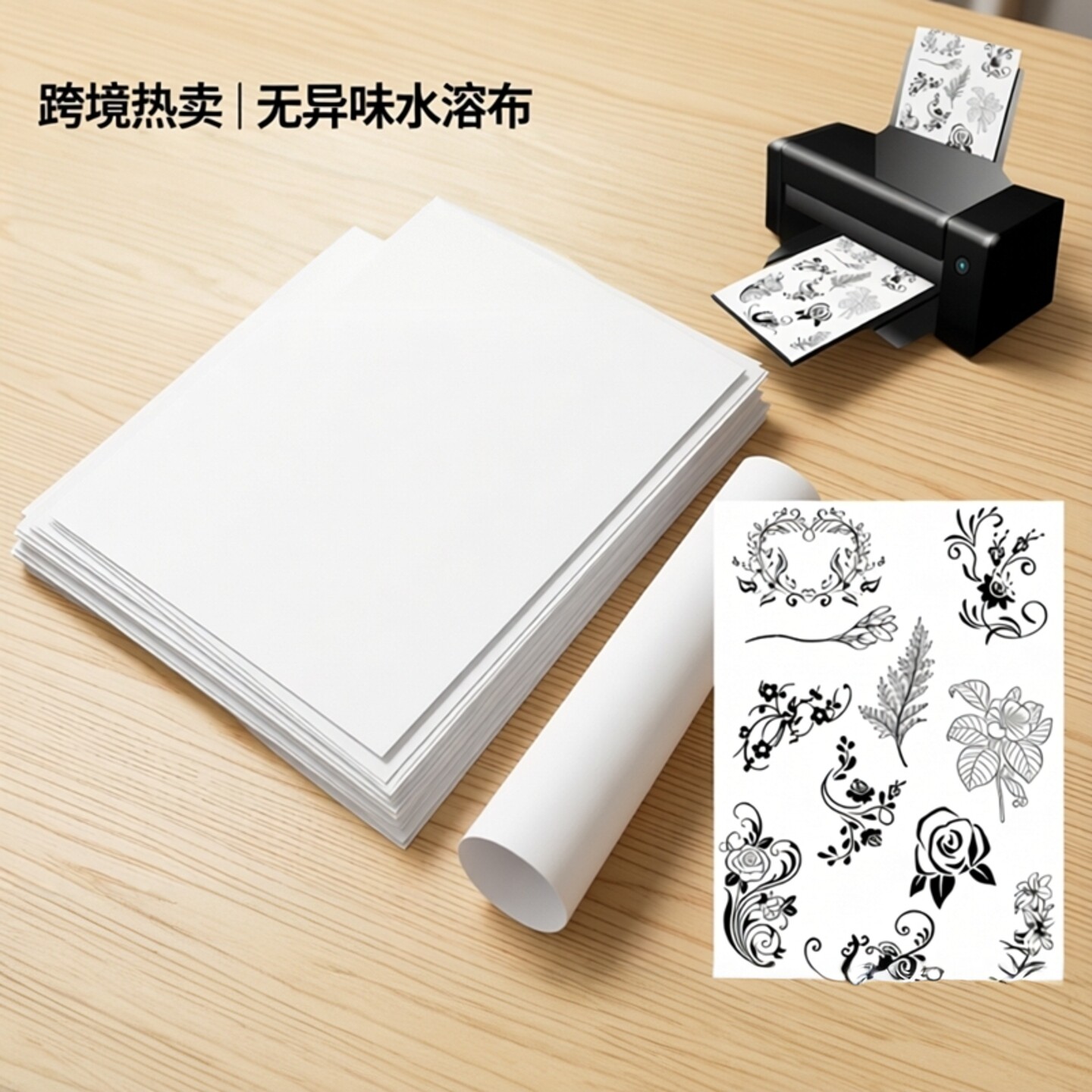 跨境热卖水溶背胶无纺布自粘打印纸无异味可溶解刺绣图案水溶布稳定器A4尺寸水溶性膜低温冷背胶无纺布图案