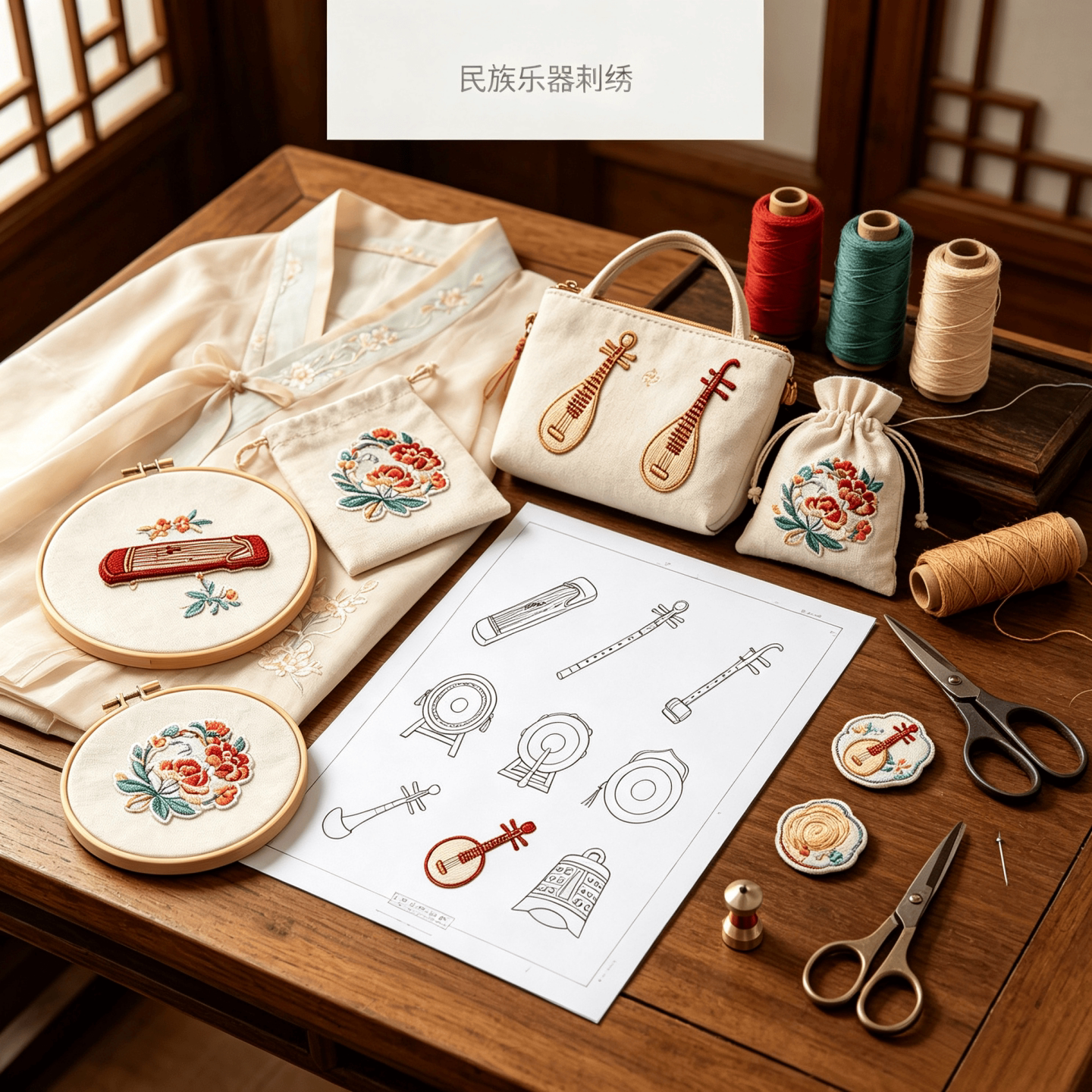 中式古乐器刺绣图案琵琶古筝二胡diy手工刺绣素材民族乐器刺绣贴纸DIY手工装饰贴花手工制作材料包易水溶刺绣