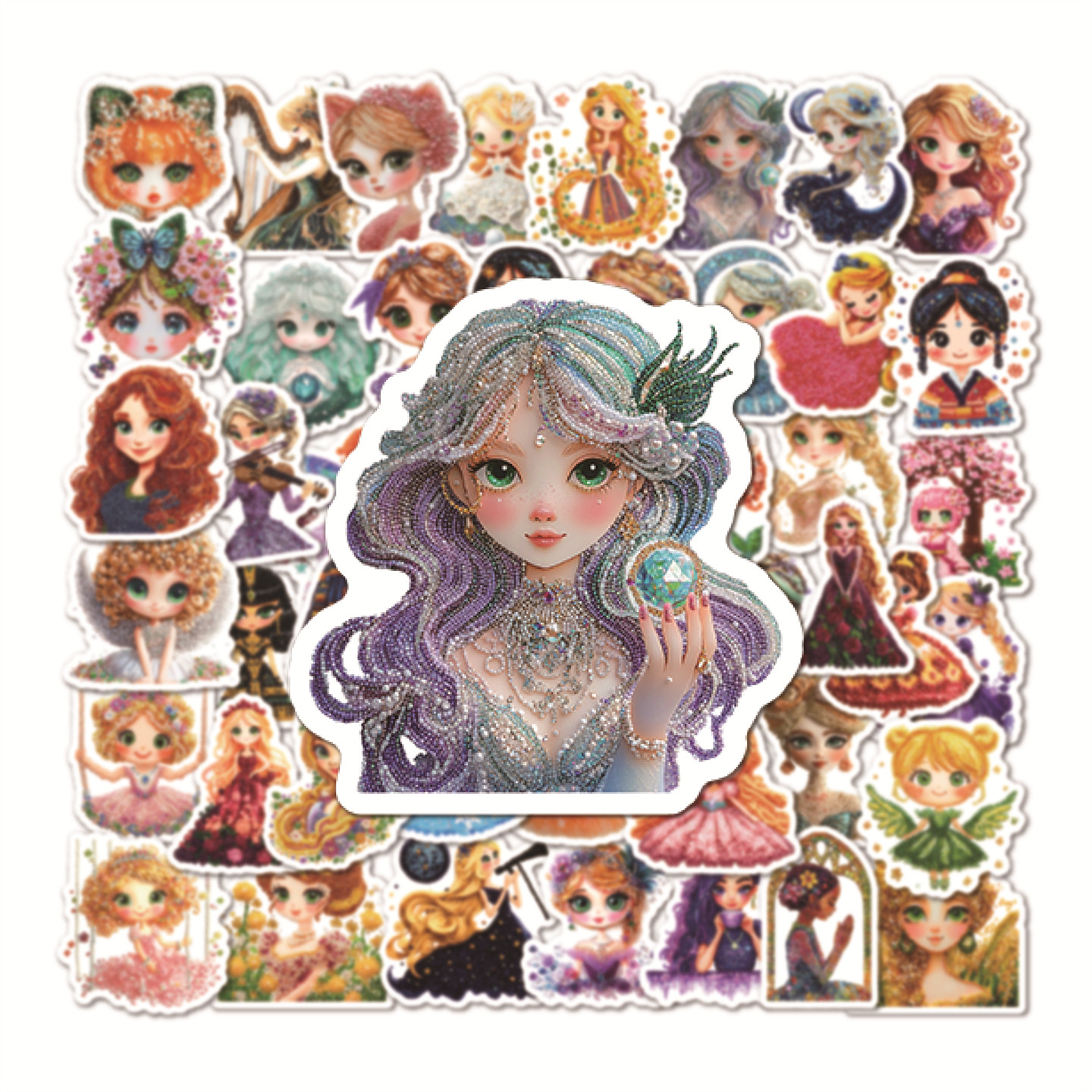 50张趣味益智公主钻石画贴纸儿童创意奖励装饰笔记本头盔相框画手账保温杯吉他衣柜收纳箱拉杆箱贴纸防水pvc,文具电教/文化用品/商务用品,贴纸/立体贴纸,淘宝优惠券,粉丝福利购,淘宝优惠卷