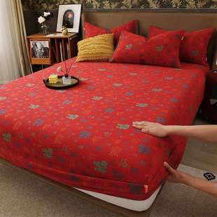 棉百全双层纱床笠单CW423531件床单套大红色婚福庆纯棉布床罩席梦