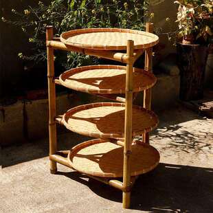 手编工织竹制品多层三脚编架置物架圆形竹家簸箕晒干货架HLD子用