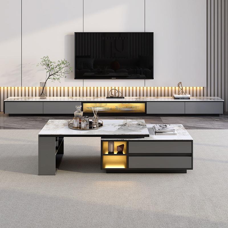 岩板地茶几客简约现代轻奢伸缩亮光岩家板茶几桌RIJ厅用落电视柜
