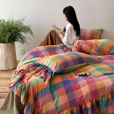 韩系全棉婴级别A类搭双层纱四件CEE套混格子简约棉花边被纯套床母