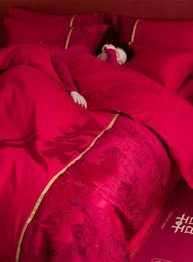 025年长绒棉新中婚庆式HGL纯棉刺绣新四件2套1.8床全棉陪嫁喜字床