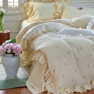 塞纳︱厚实柔上全棉双层绉纱四件套少女YKV套纯棉花边被纱软布床