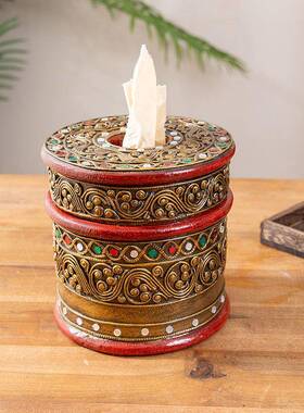 亚风木制复装ZJT13257饰艺品泰国彩绘纸巾盒创意工古纸巾筒