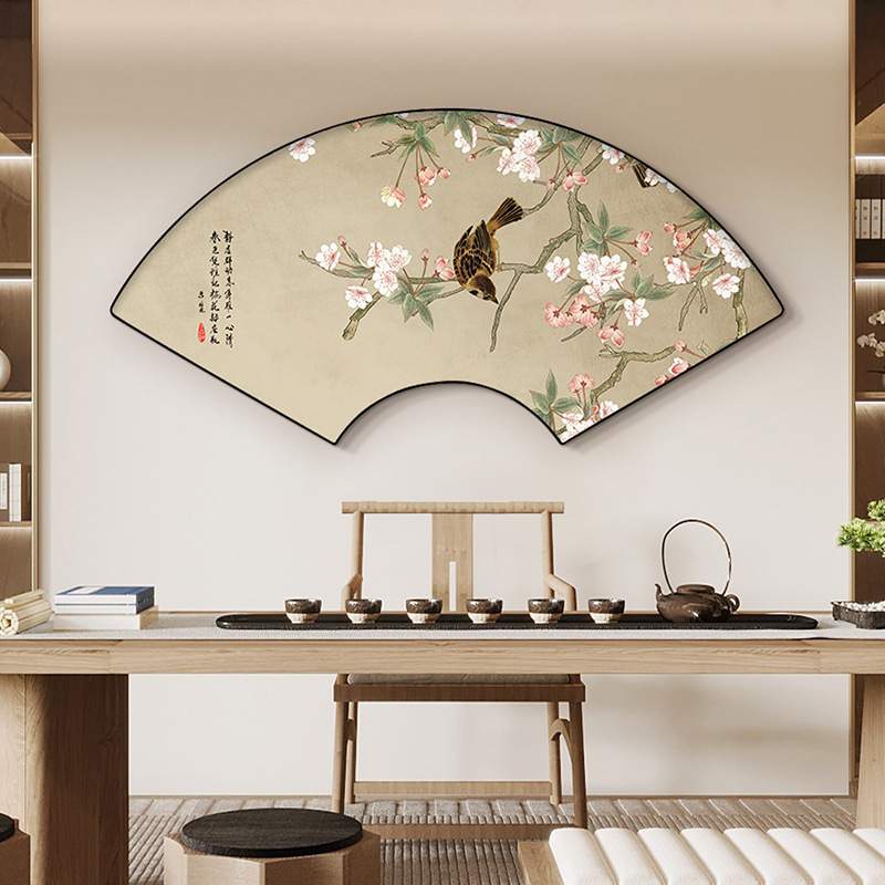 新中式客厅玄关装饰画扇形国风挂画茶室竹报平安墙画禅意扇面壁画