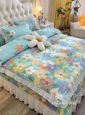 韩版全边棉纯风棉夹棉床盖四件套公主单荷叶花加厚床三件套床LVJ
